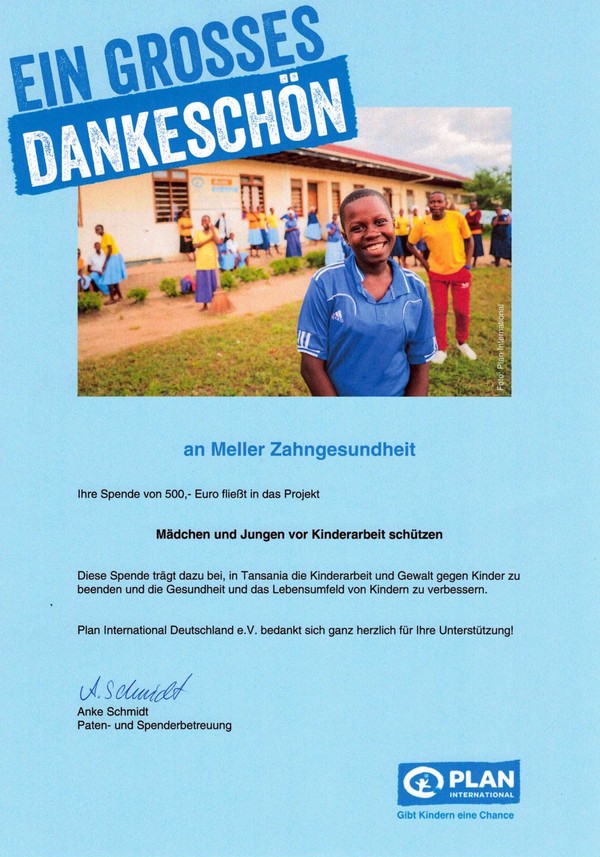 Urkunde über Spende für den Verein Plan International